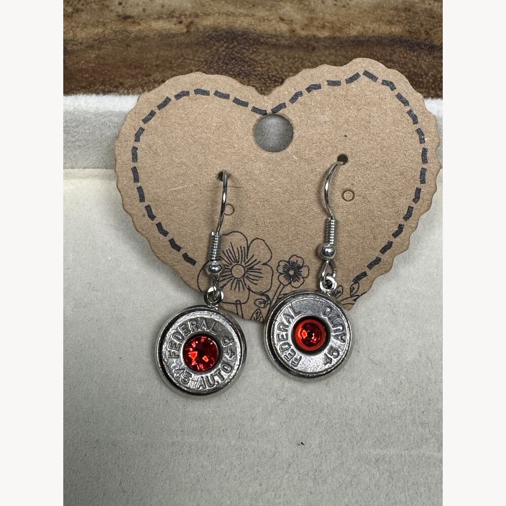Handmade Red Crystal Bullet Casing Dangle Earrings 45 Auto